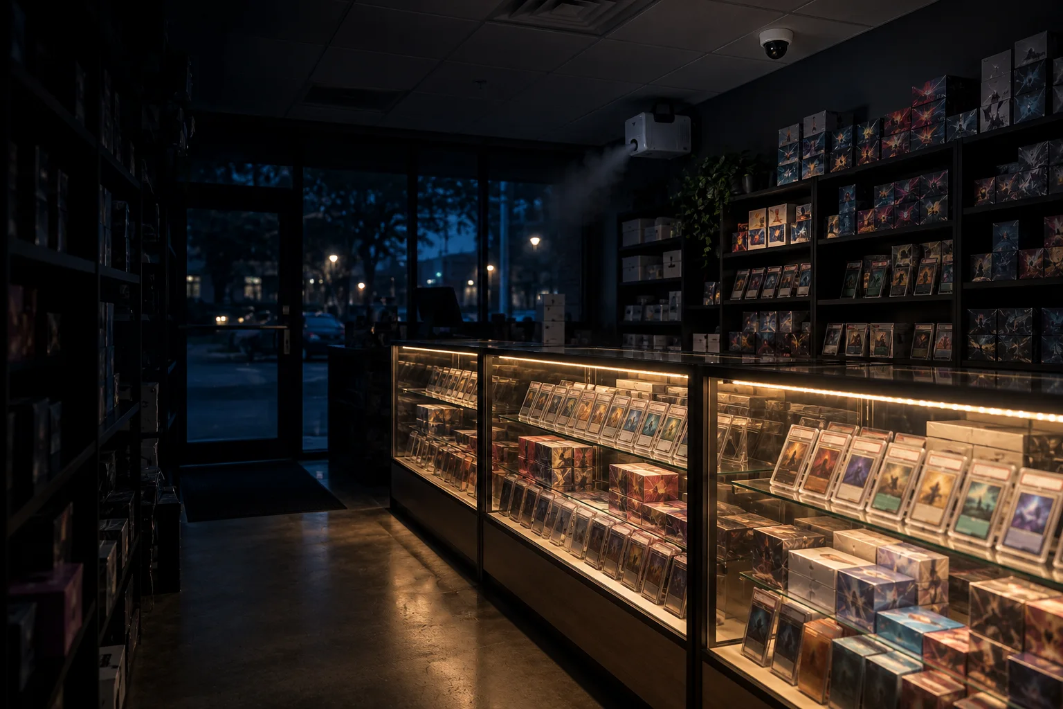 Inside a trading card shop at night, with illuminated glass display cases of graded cards, stocked shelves, a glass entrance, and a ceiling-mounted security camera and fog unit.