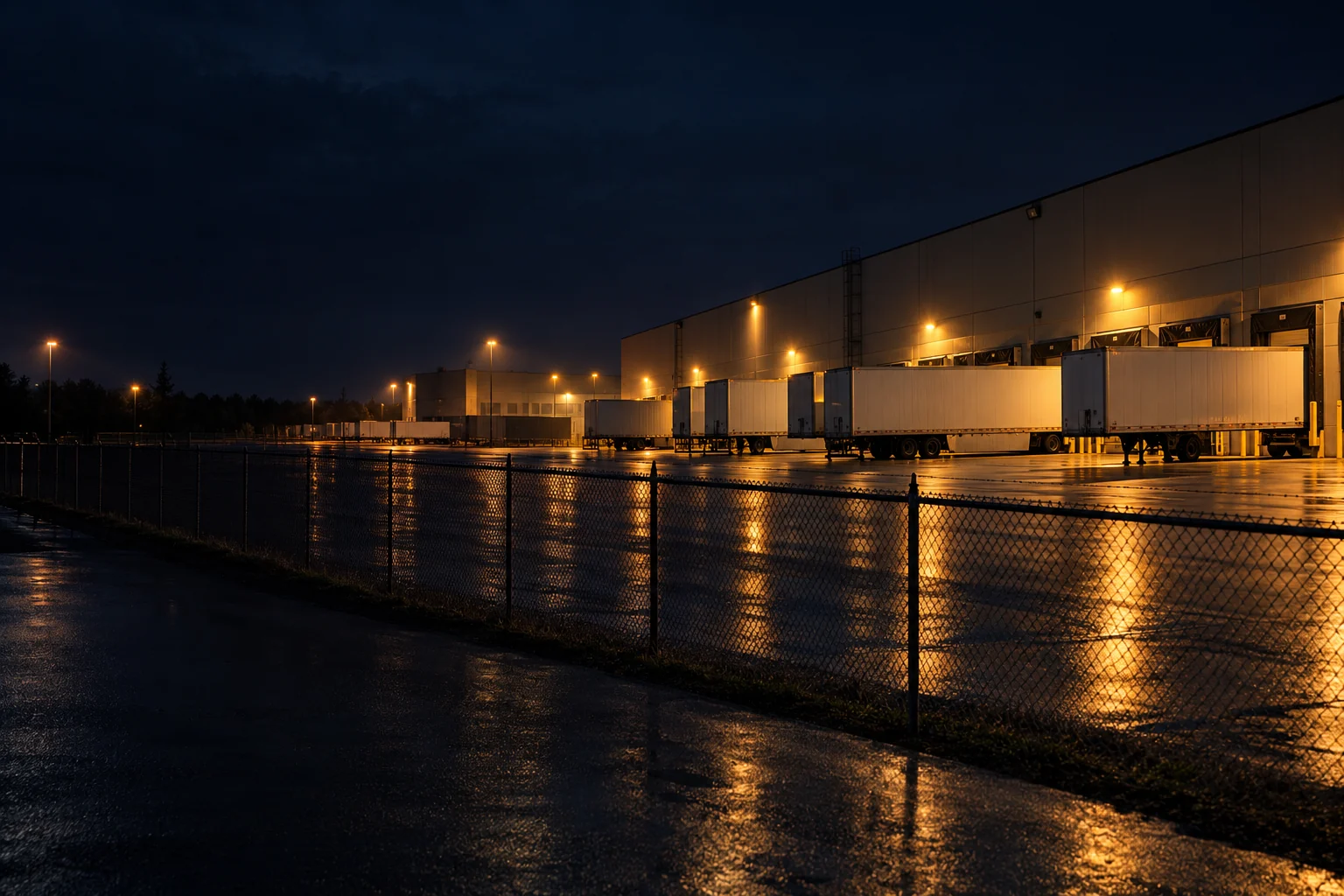 Industrial yard with trailers at loading docks at night