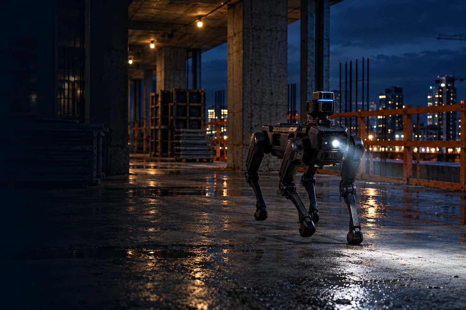 A four-legged security patrol robot walking an unfinished floor of a building under construction at night.