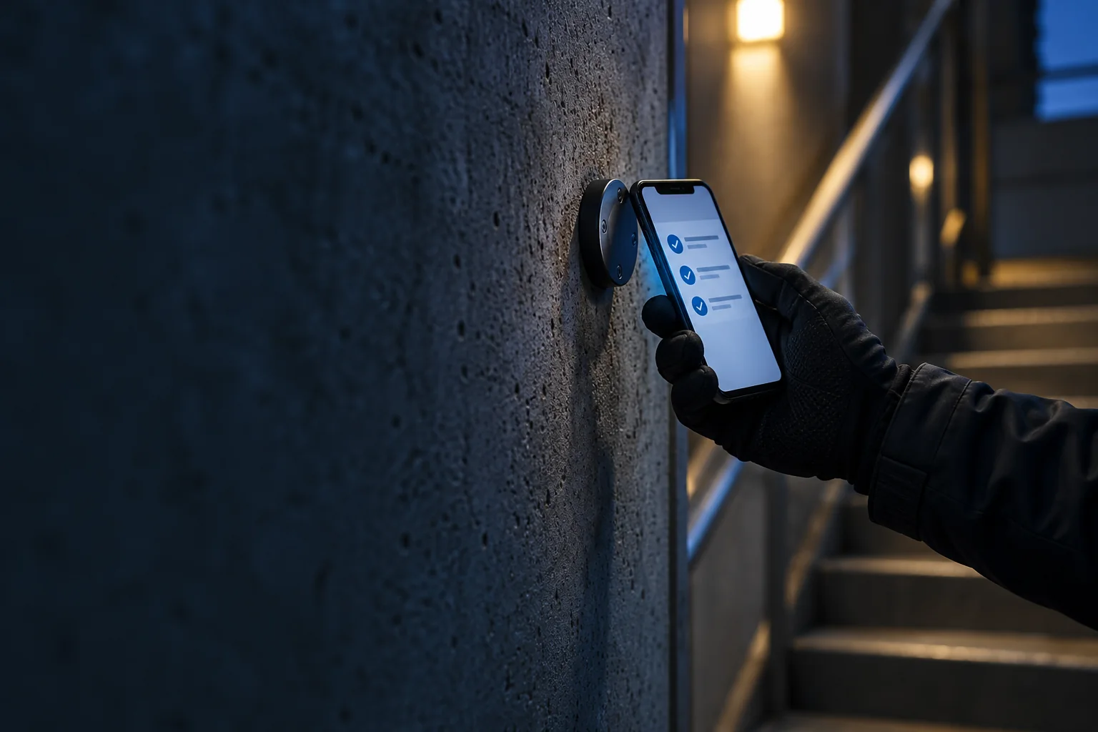 A security guard using a phone to scan an electronic checkpoint in a concrete stairwell.