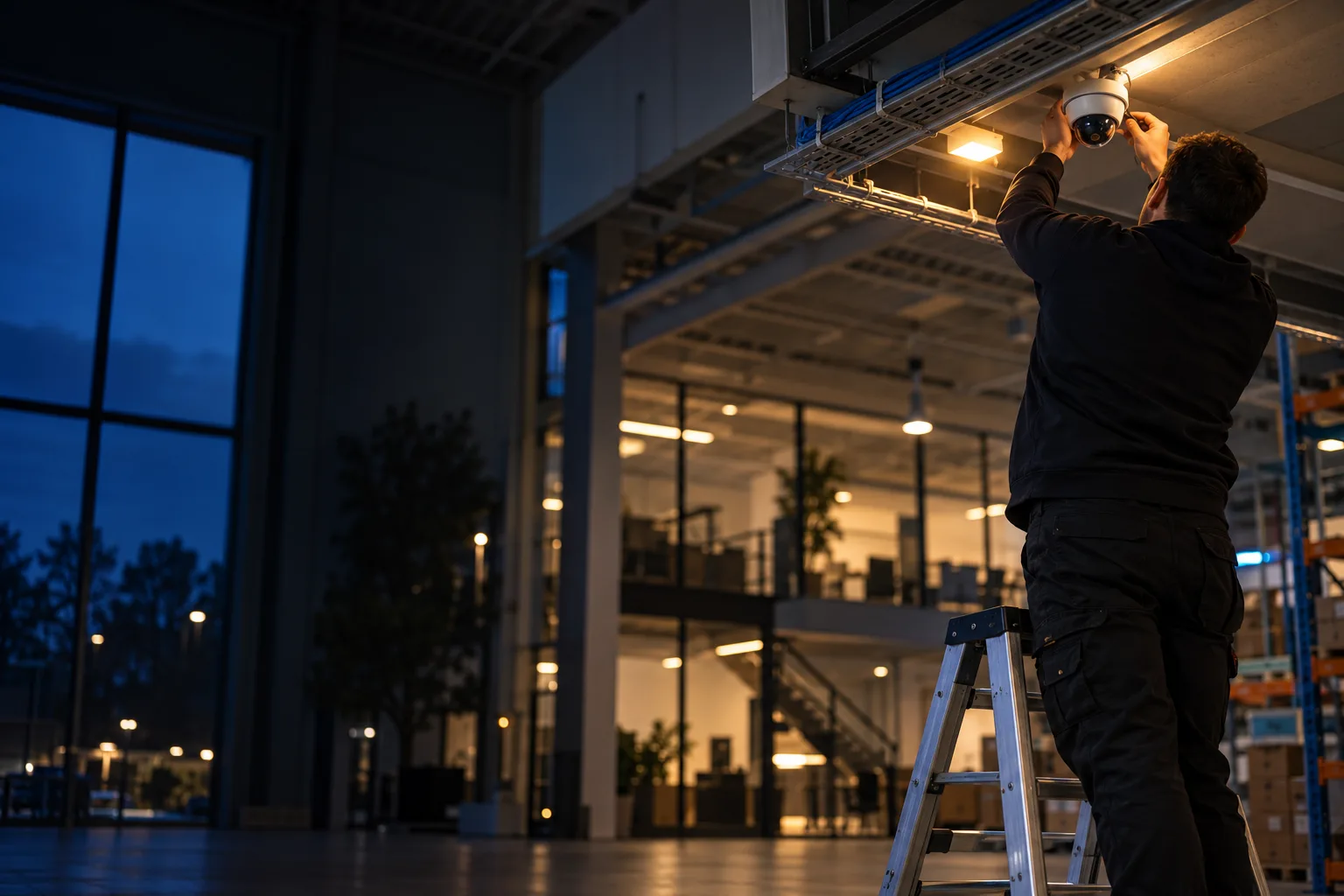 A technician installing a Verkada dome camera from a ladder inside a warehouse at dusk.