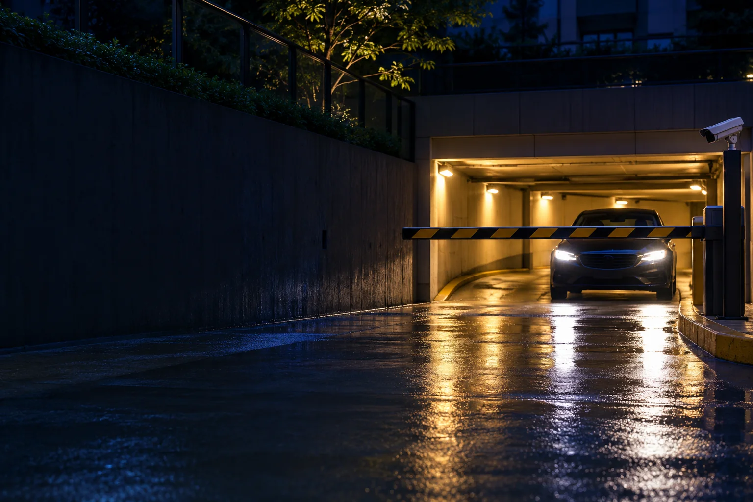 A vehicle approaching a lowered barrier arm and licence plate camera at an underground garage entrance at night.