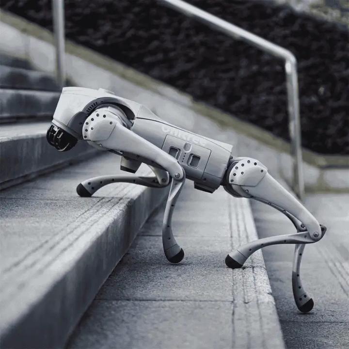 Quadruped patrol robot climbing concrete stairs beside a handrail