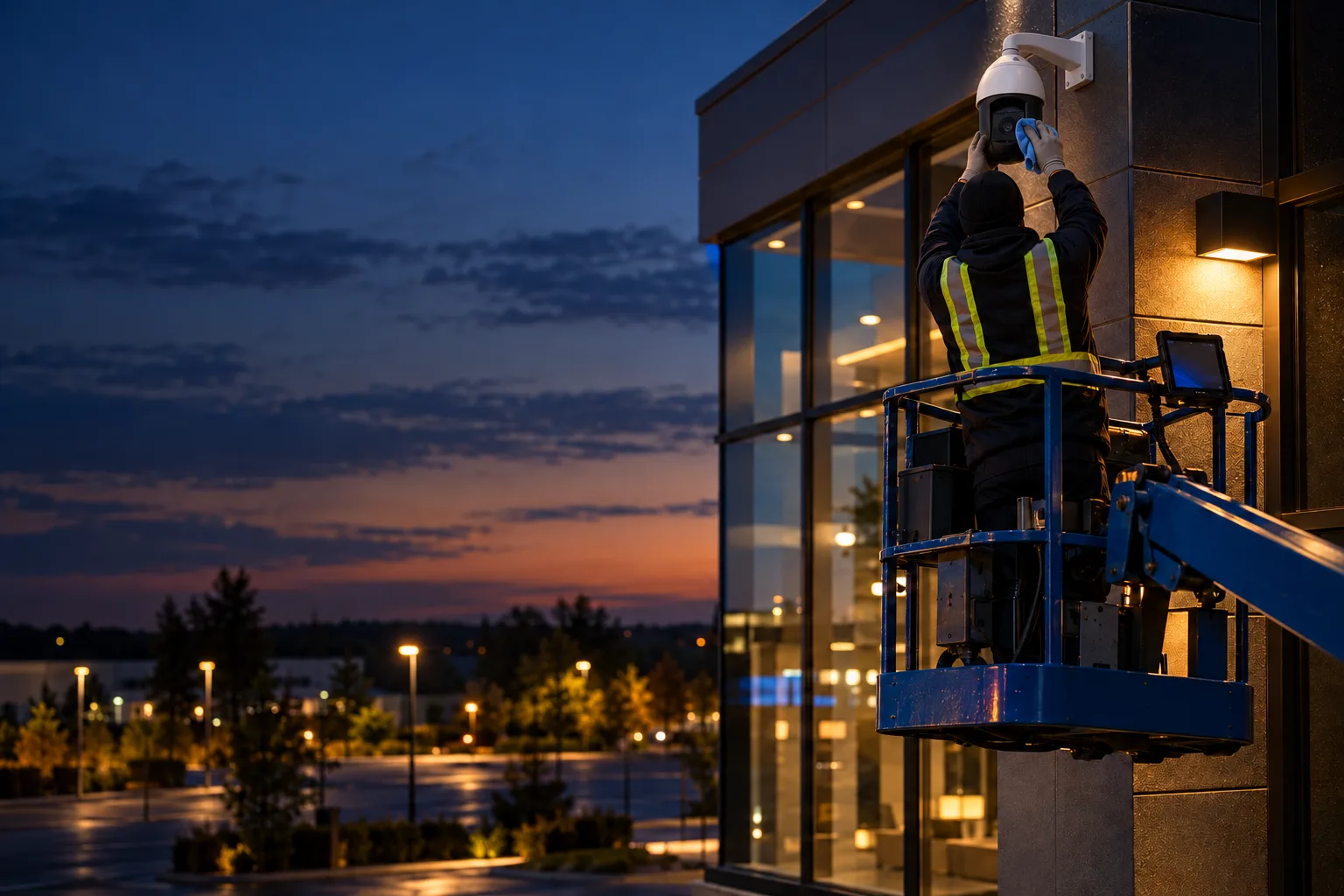 A technician on a lift servicing a Verkada dome camera on a building corner at dusk.