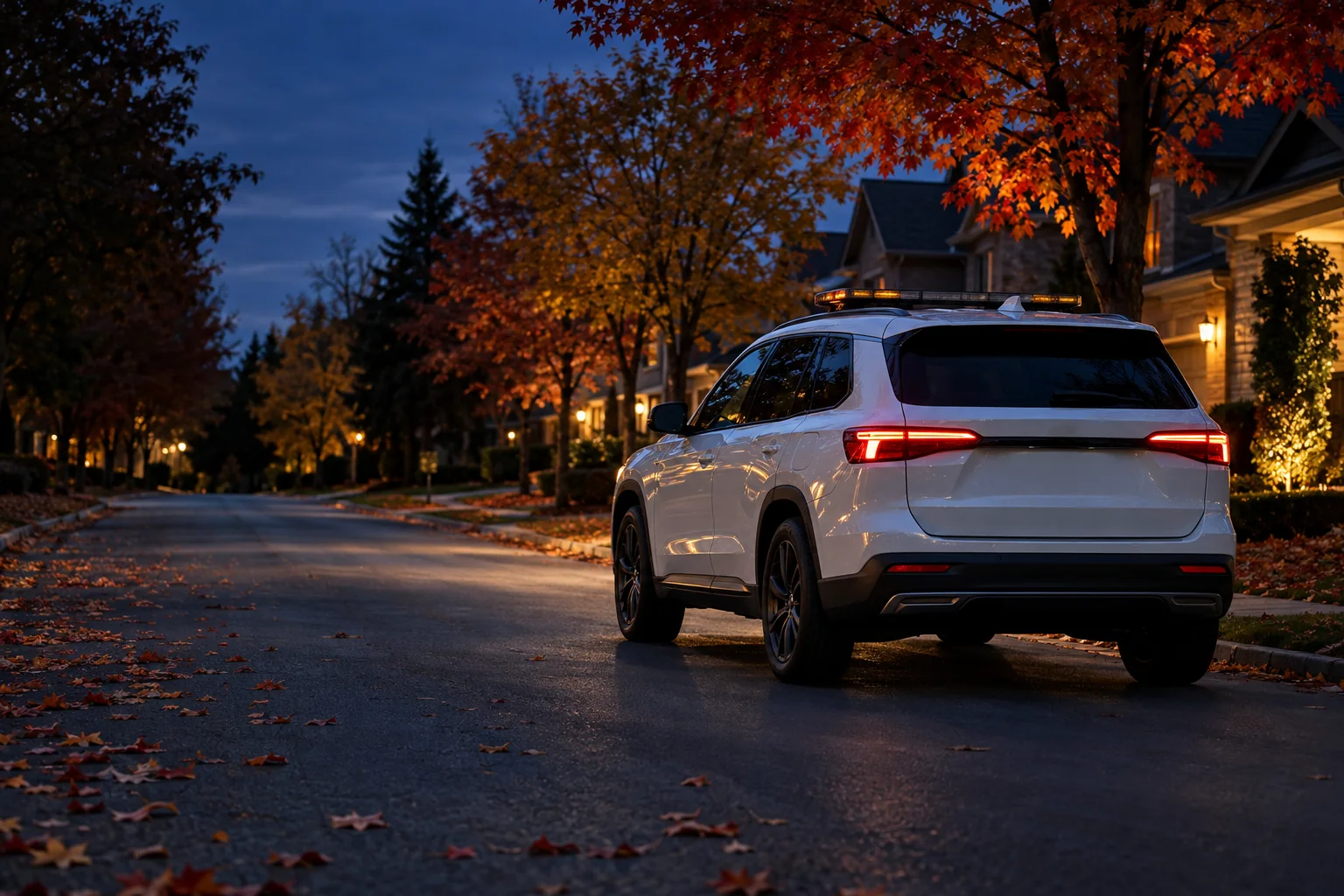 A marked patrol vehicle driving through an Ontario neighbourhood on an autumn evening.