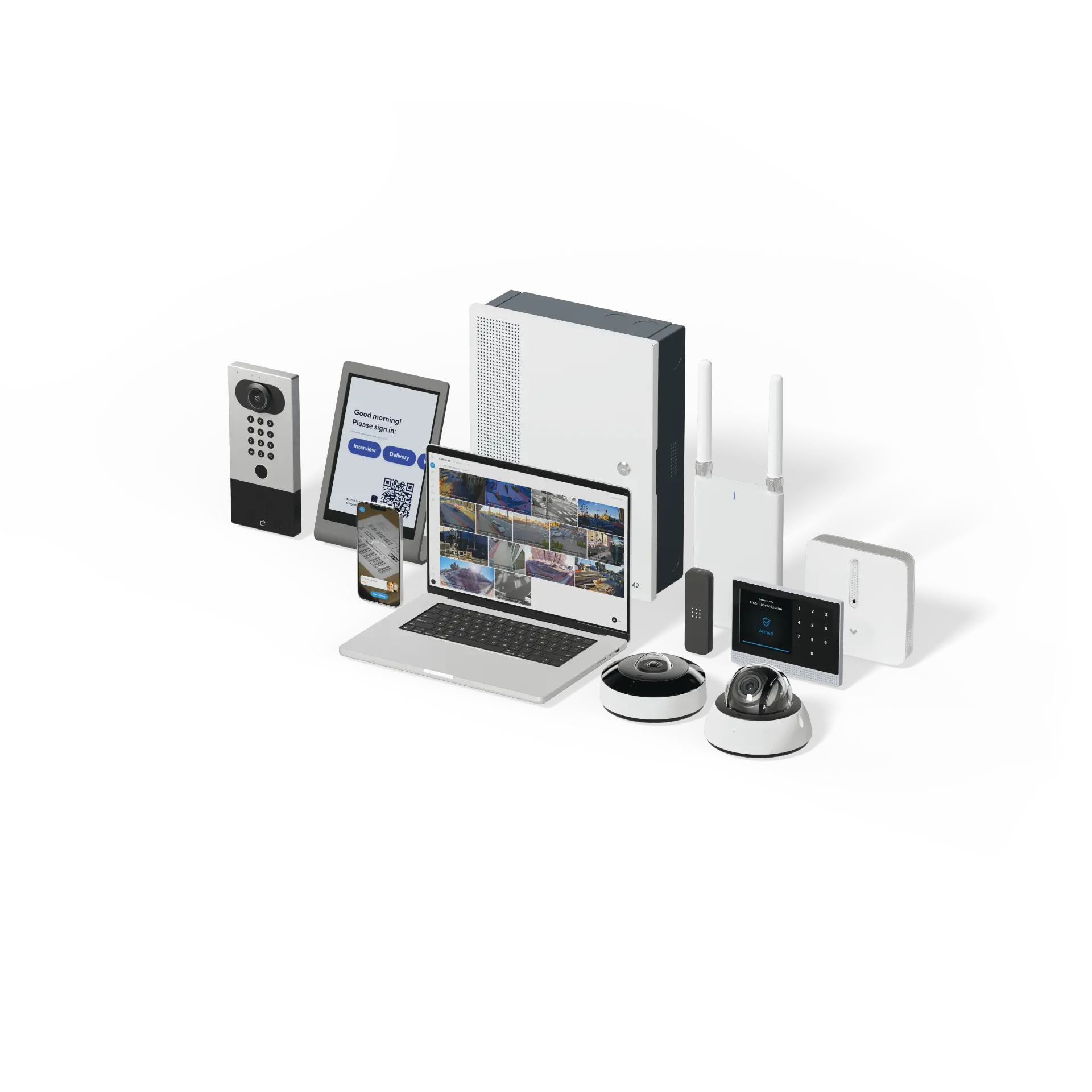 A flat-lay of Verkada security hardware including dome and fisheye cameras, video intercom, alarm hub, access controller, and sensors arranged around a laptop showing live camera feeds