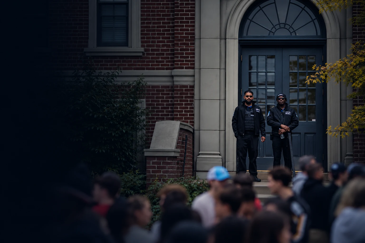 Two KingsGuard security guards on post at a building entrance, watching over a large crowd at a campus event.
