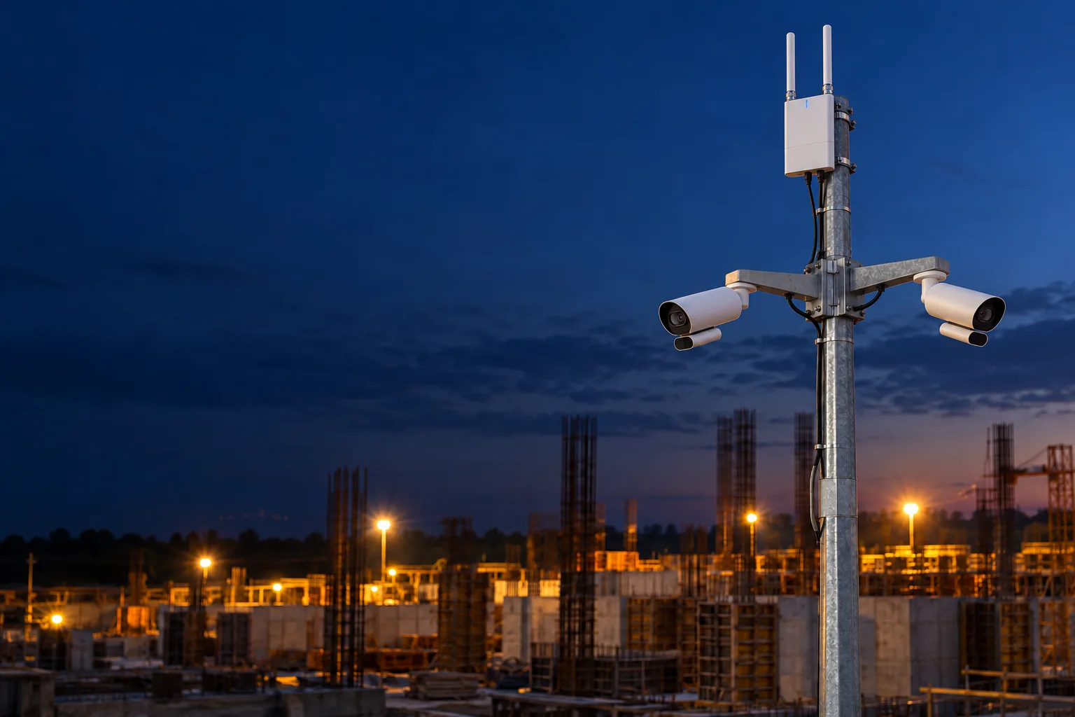 Verkada bullet cameras and a cellular gateway on a pole at a construction site at dusk.