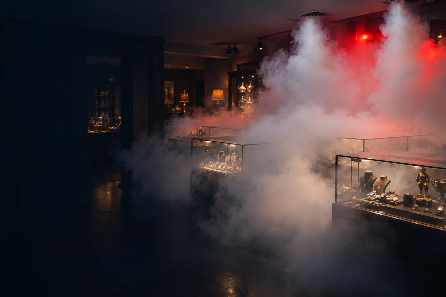 A jewellery store filling with dense security fog around illuminated display cases.