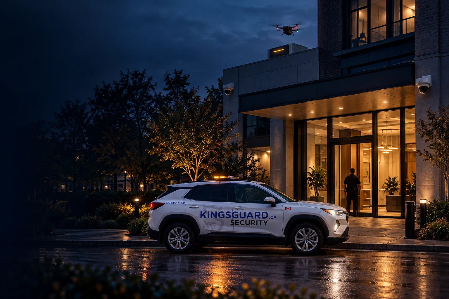 A building protected at night by a KingsGuard guard in the lobby, a patrol vehicle at the entrance, facade cameras and a rooftop drone.