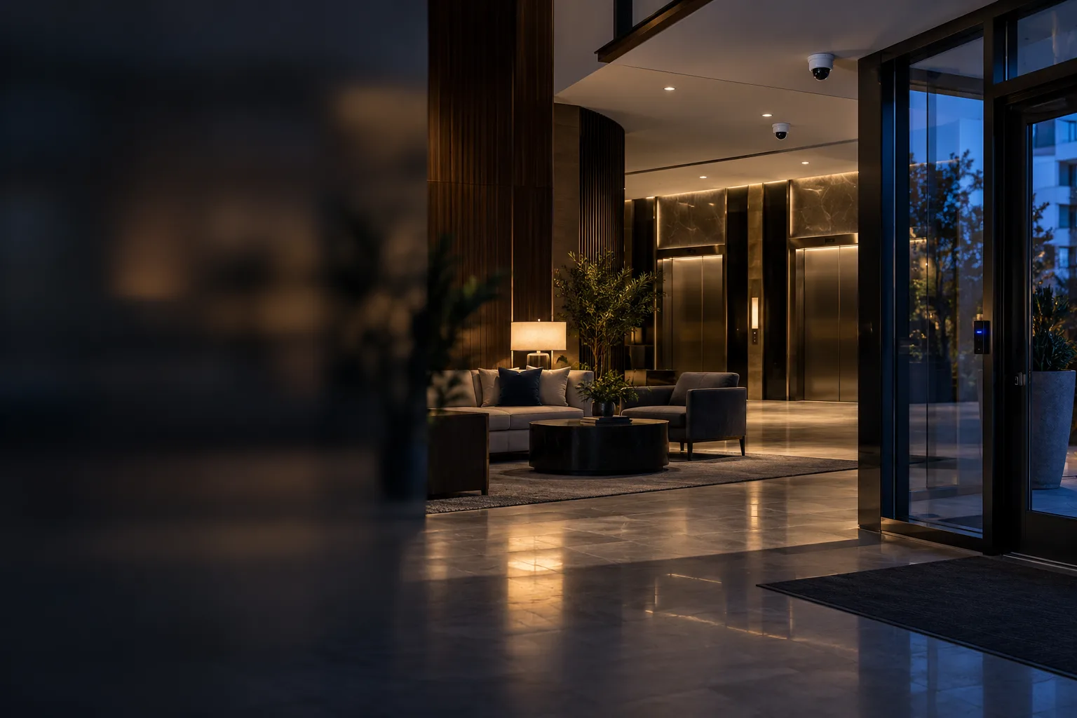 Verkada dome cameras overlooking the elevators and entrance of a modern lobby at dusk.