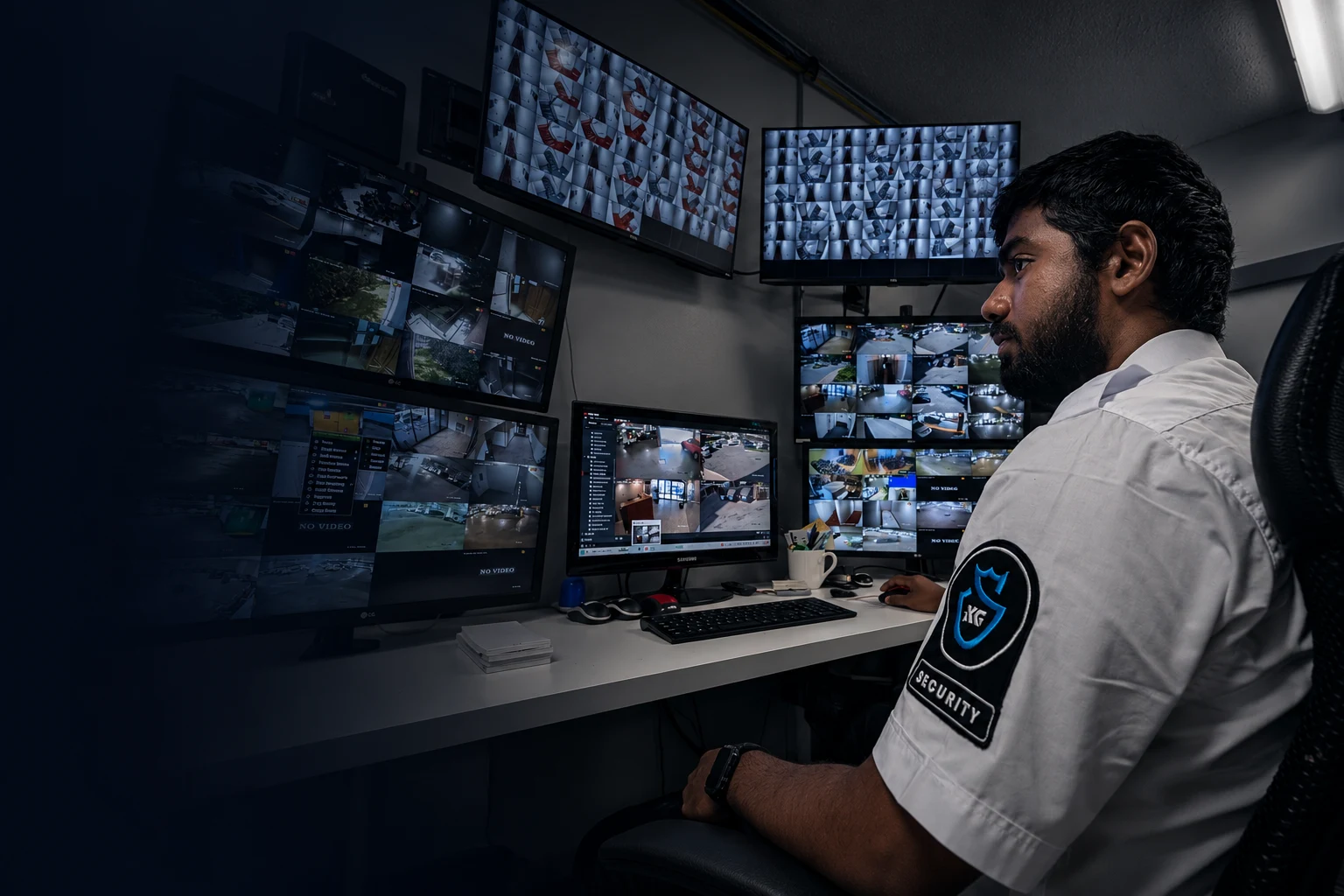 KingsGuard monitoring operator watching CCTV feeds at a monitoring workstation.