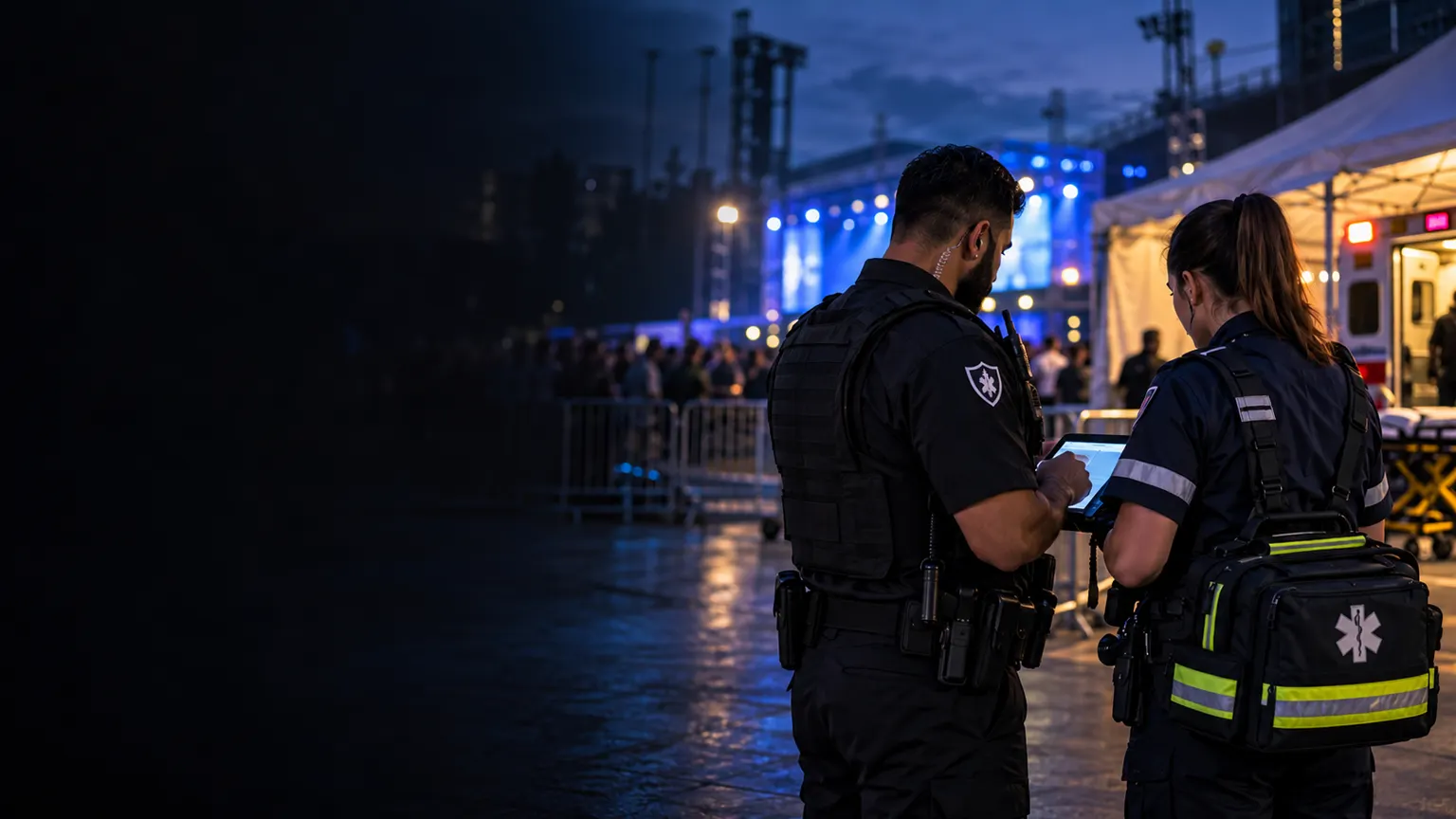 KingsGuard security guard and paramedic coordinating at an evening event venue