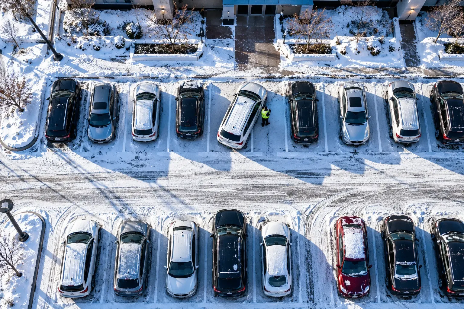 Aerial view of a snowy condo visitor parking lot with one car parked across two spaces and an enforcement officer beside it.