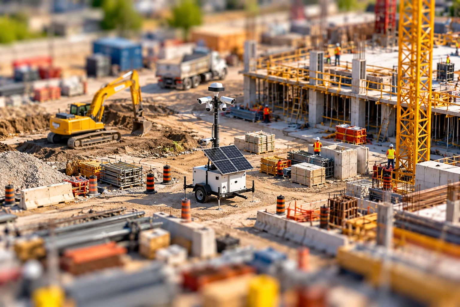 Miniature-style view of a busy construction site with a solar-powered camera trailer in the centre.