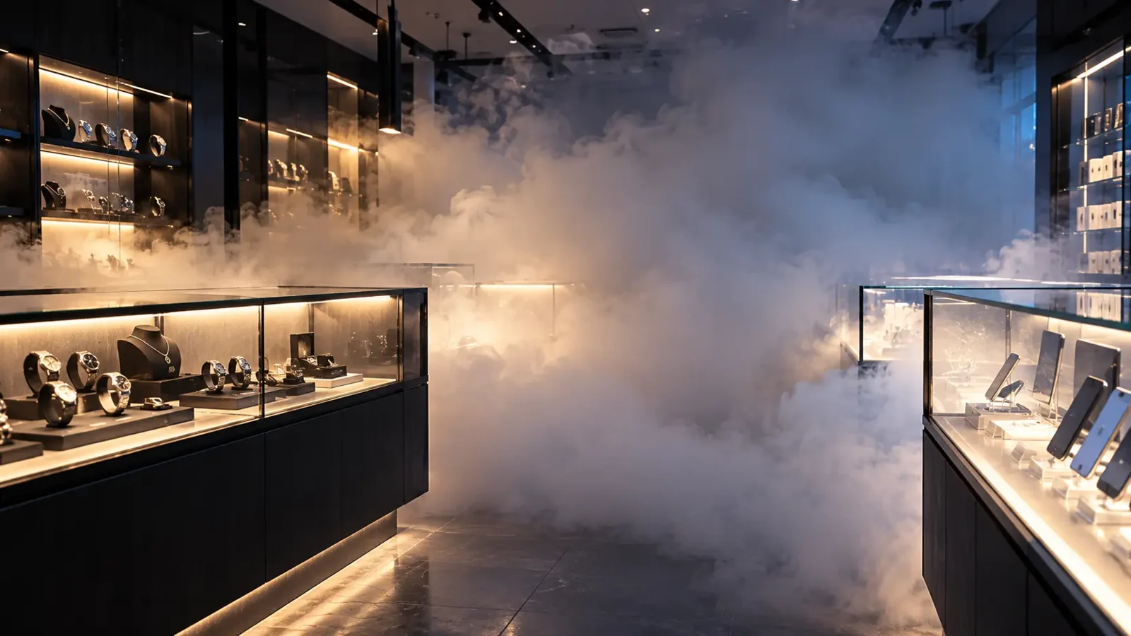 A hooded figure frozen mid-step as a wall of security fog rolls across a jewellery store at night.