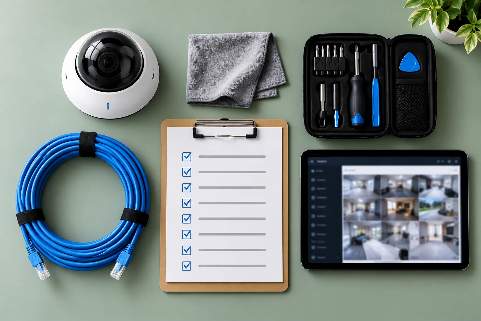 Flat lay of a security camera, cleaning cloth, screwdrivers, ethernet cable, tablet and a ticked checklist on a green surface.