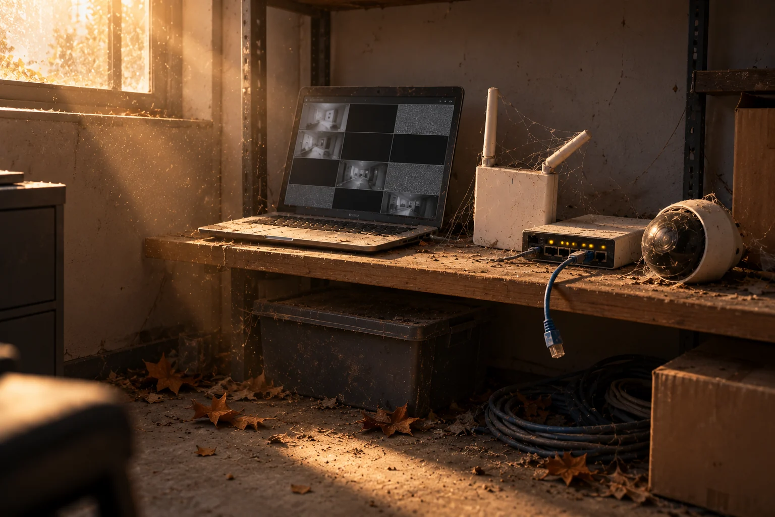 A dusty, forgotten corner of security equipment with a tipped-over camera, an unplugged cable and cobwebs in a sunbeam.